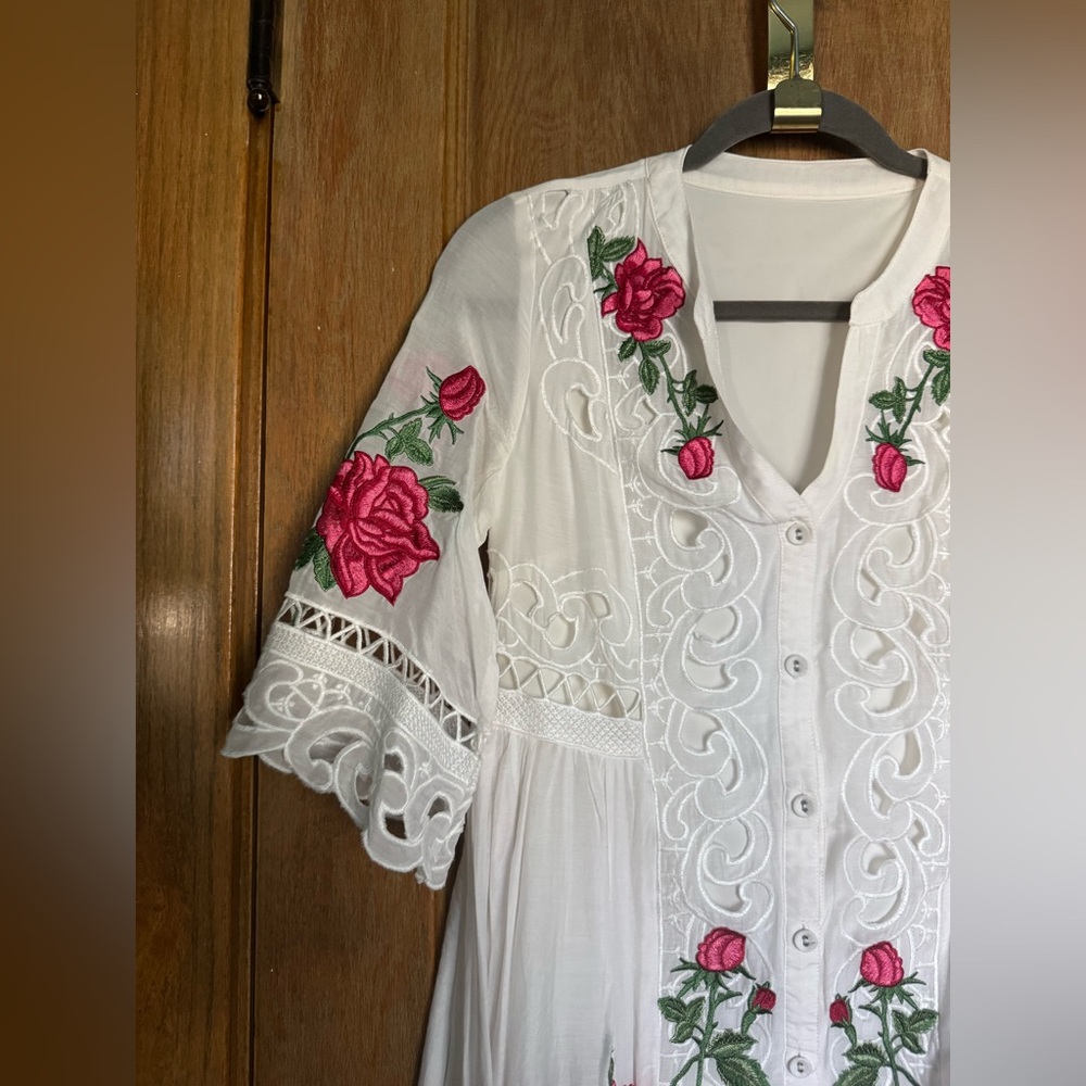 Silk and cotton embroidered lace button front mini dress - Picture 4 of 16